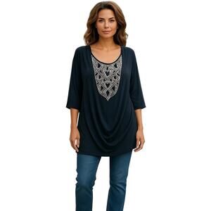 Bob Mackie Wearable Art Womens Tunic Top 3X Black Embellished Beaded Drape Front